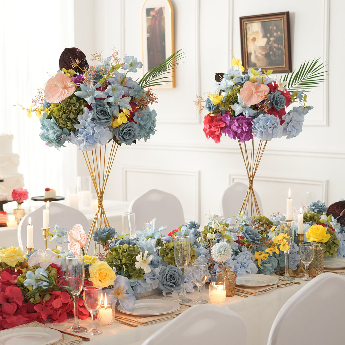 Full wedding table setting with artificial rose flower ball and flower runner