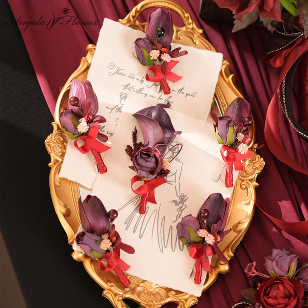 A9058 6pcs/set Burgundy Artificial Corsage Boutonniere For Men Wedding Accessories