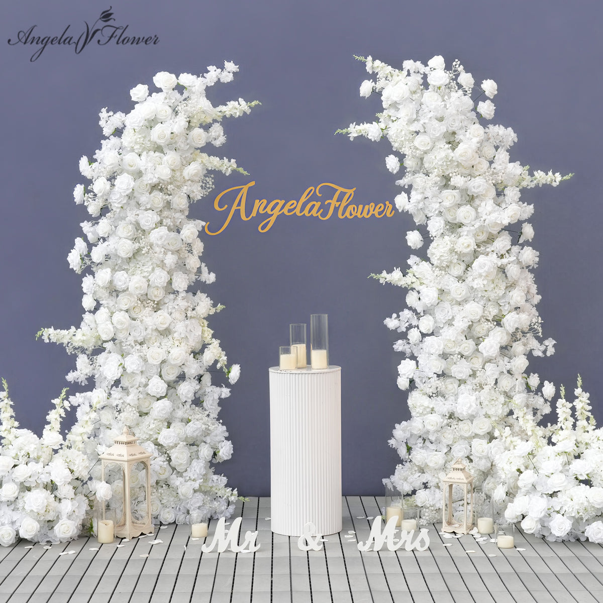 DIY white curved arch flower kit with separate top and side floral pieces