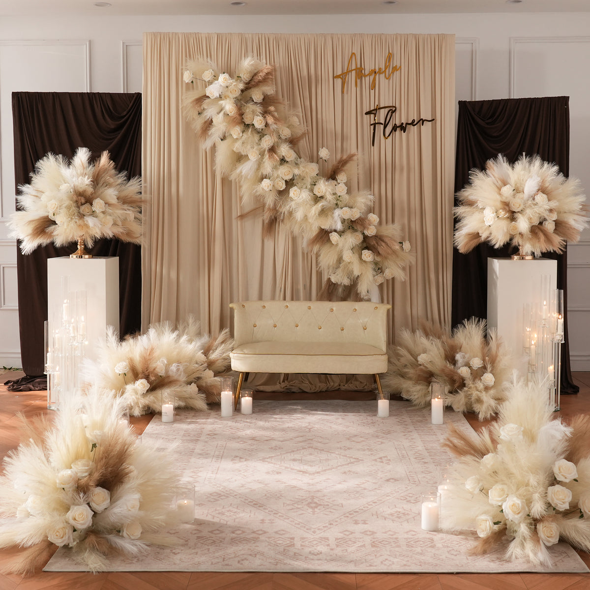 neutral tan ivory pampas grass floral arrangement