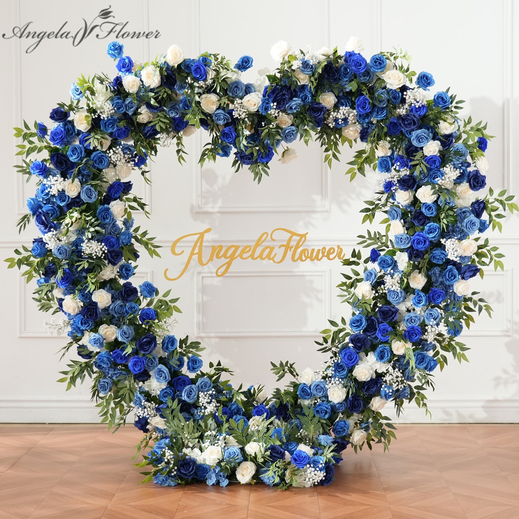 blue white heart shaped floral arch arrangement