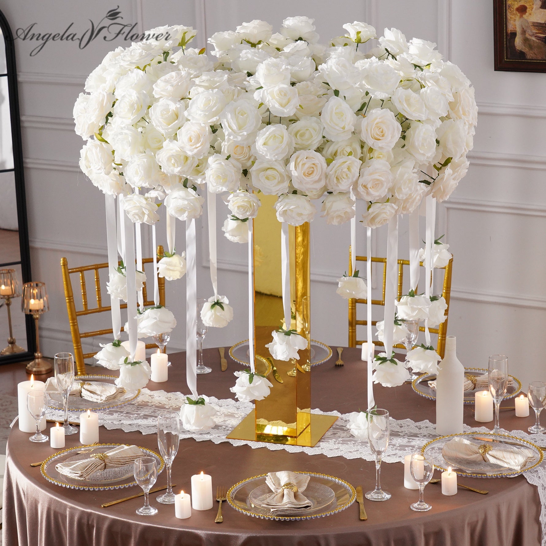 White Artificial Rose Hanging Centerpiece for Wedding Table Decor