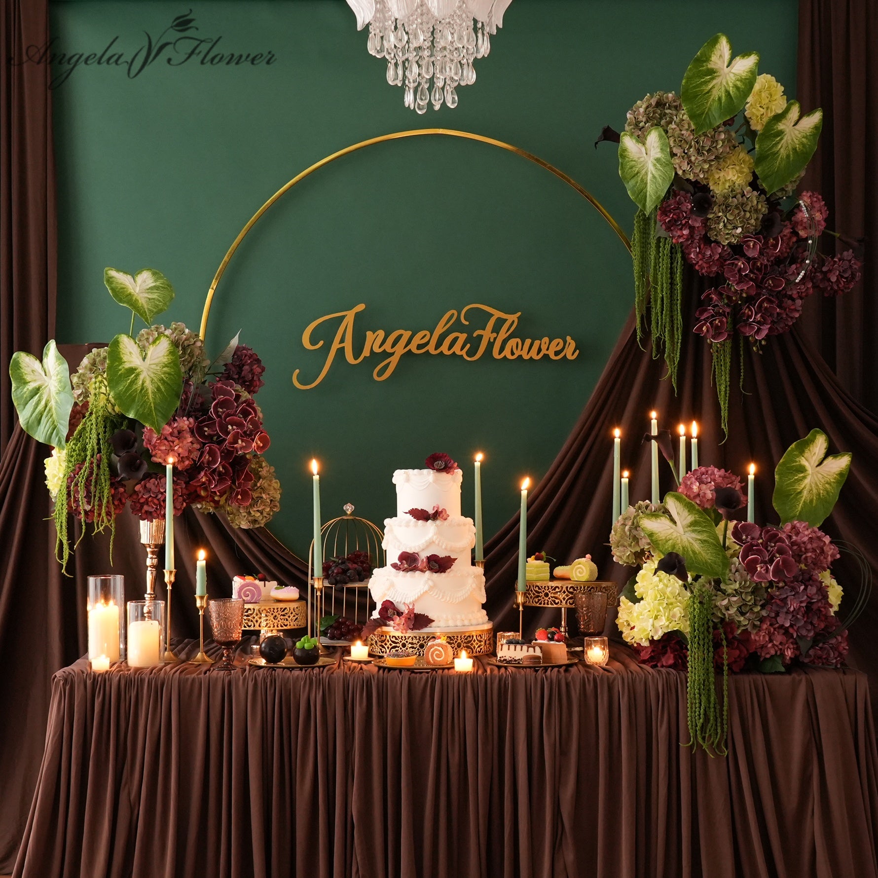 Dark Wine Wedding Table Floral With Caladium Foliage