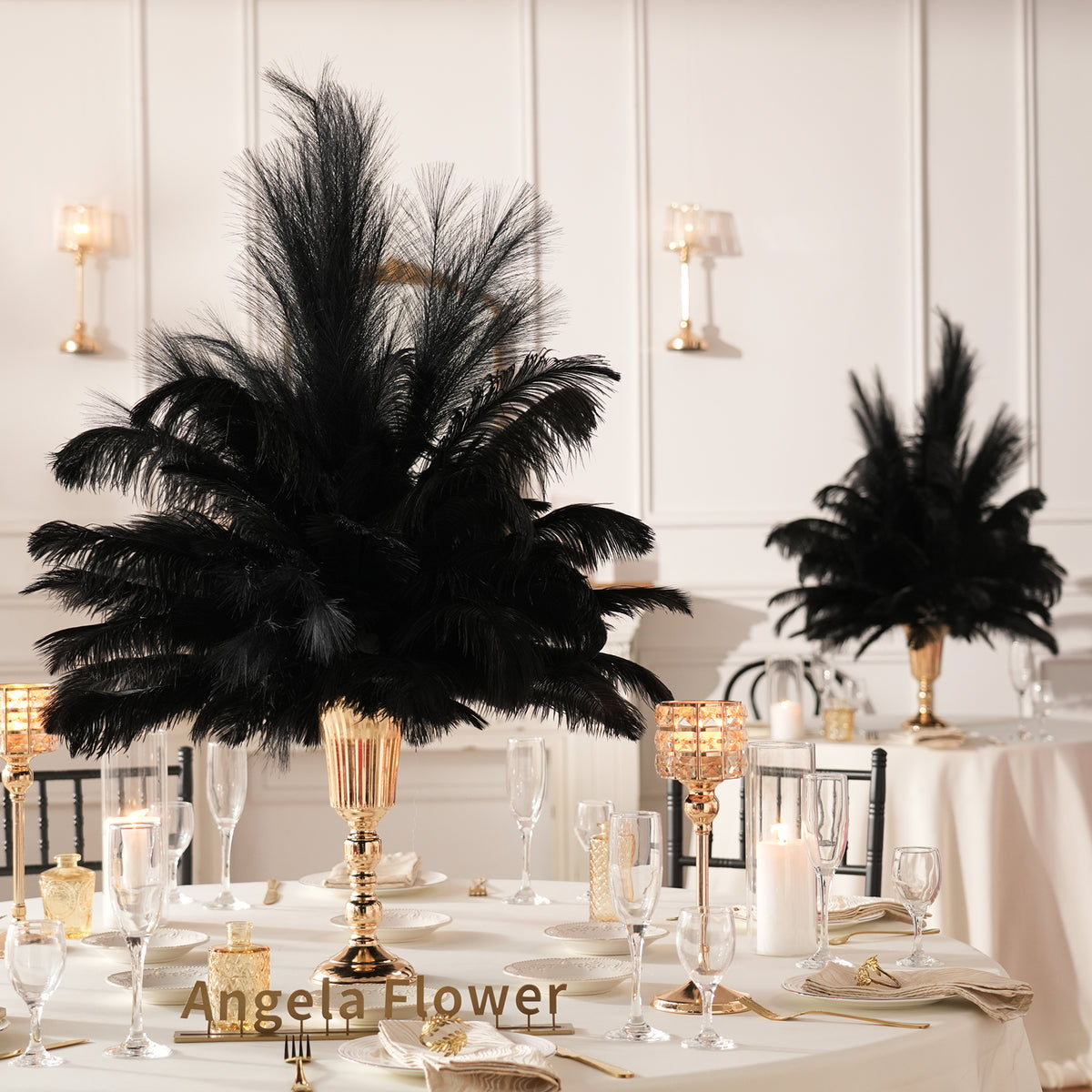 Full rounded pastel pink ostrich feather bouquet for table center decor