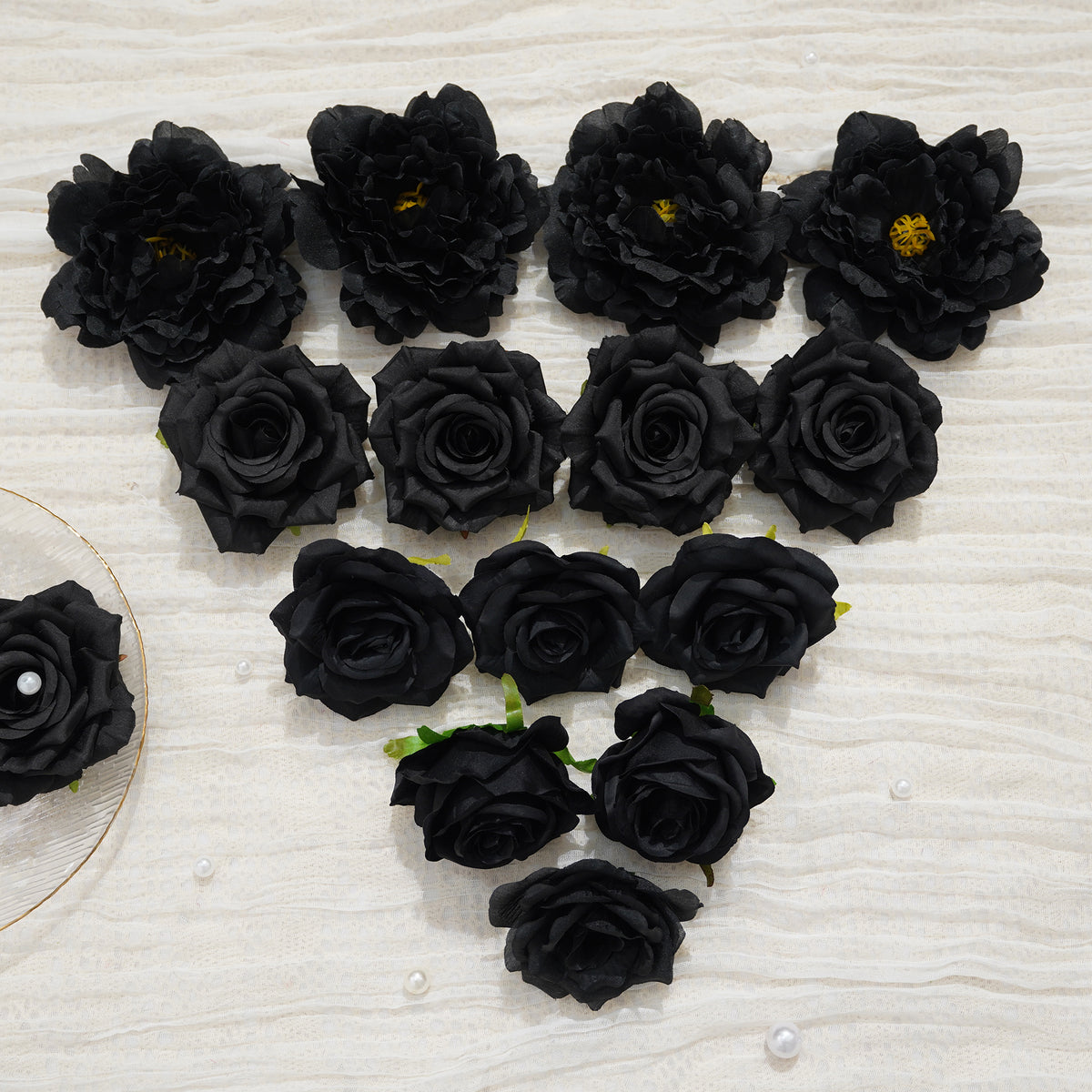 Black artificial silk rose flower head for gothic decor