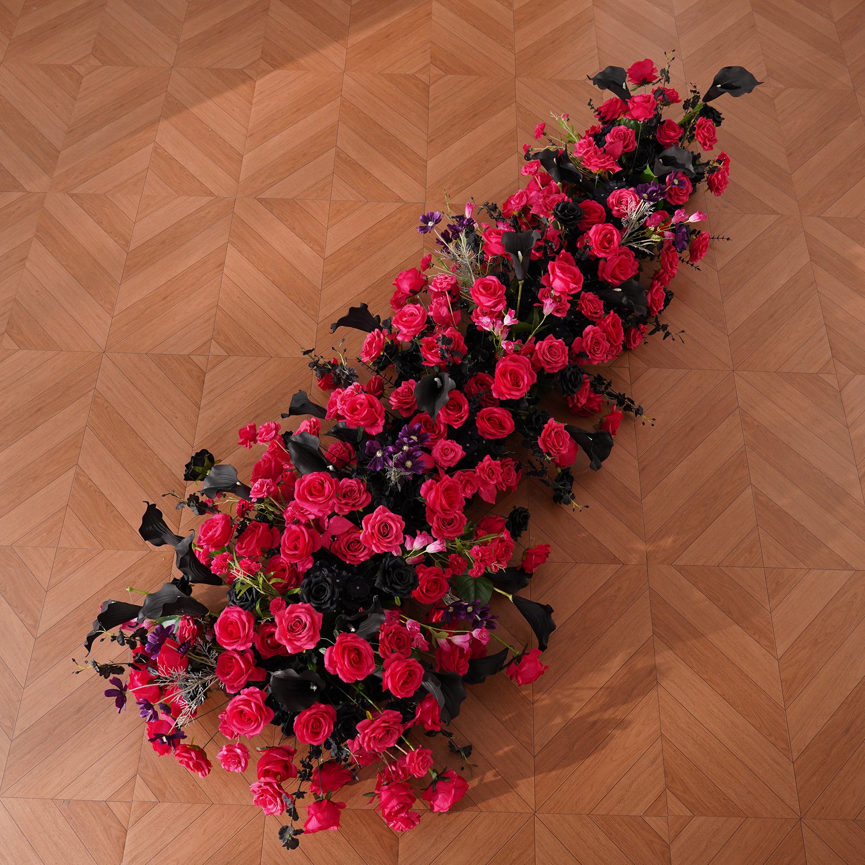 gothic-wedding-silk-flower-runner-red-rose-arrangement