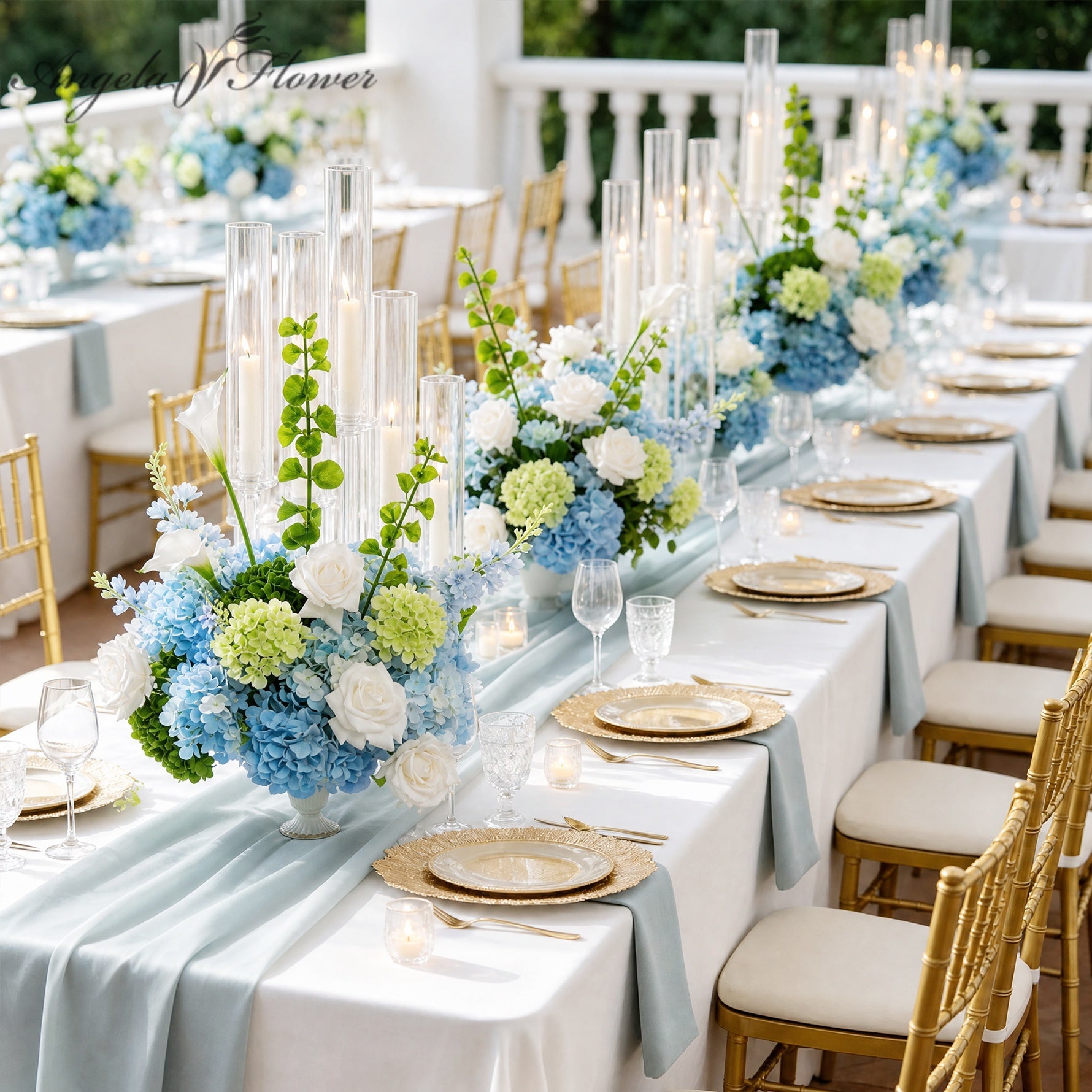 Garden‑style silk floral centerpiece with bells of ireland for wedding tables