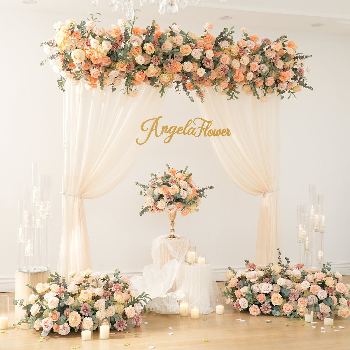 Wedding table centerpiece with peach silk blooms