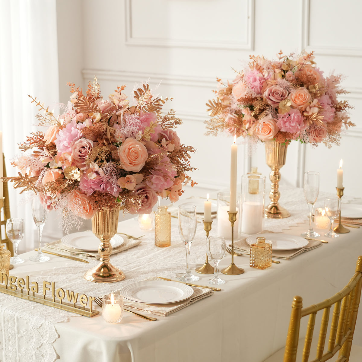 Round wedding table blush flower centerpiece with gold accents