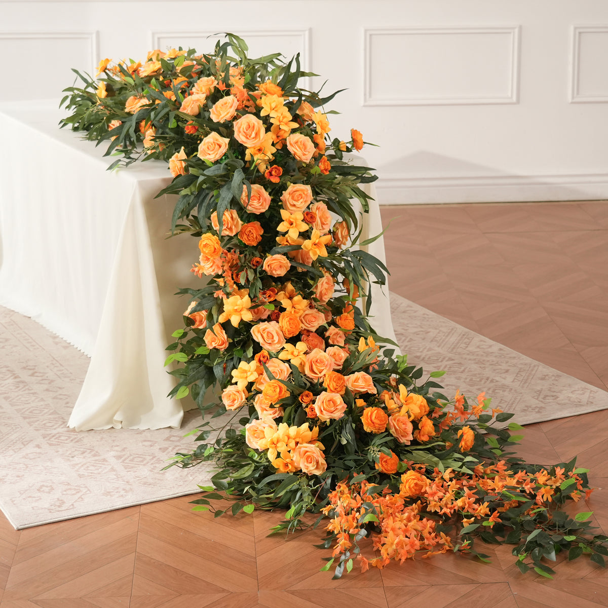 cascading floral swag for wedding head table