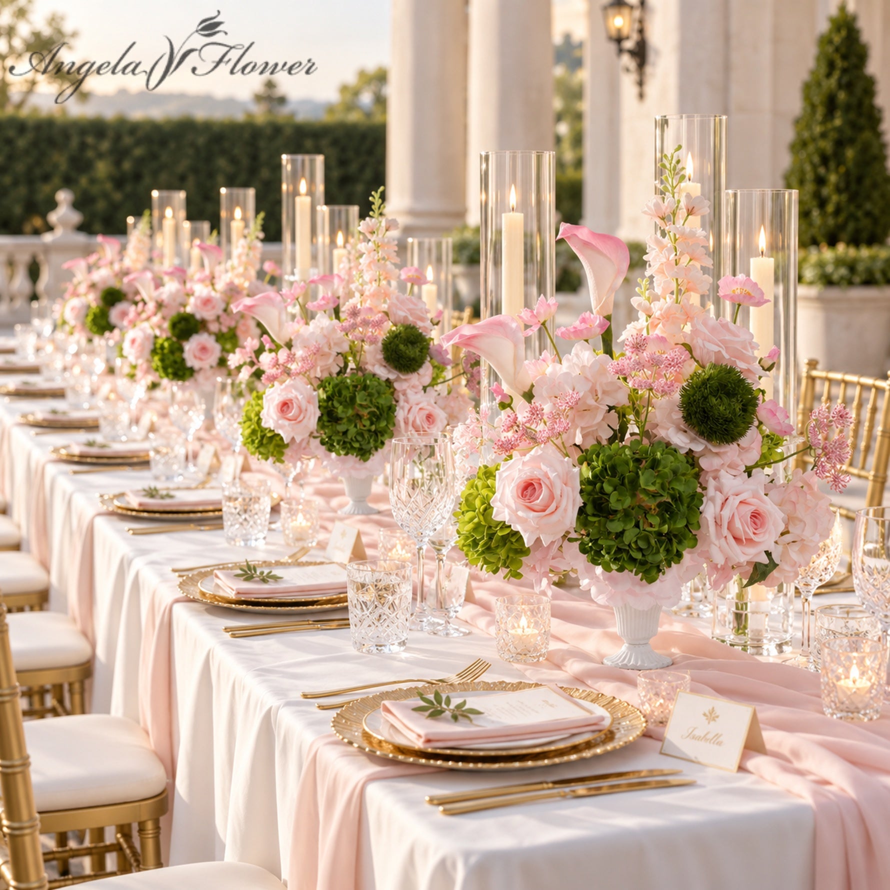 Artificial flower wedding table centerpiece with green hydrangea for reception tablescape