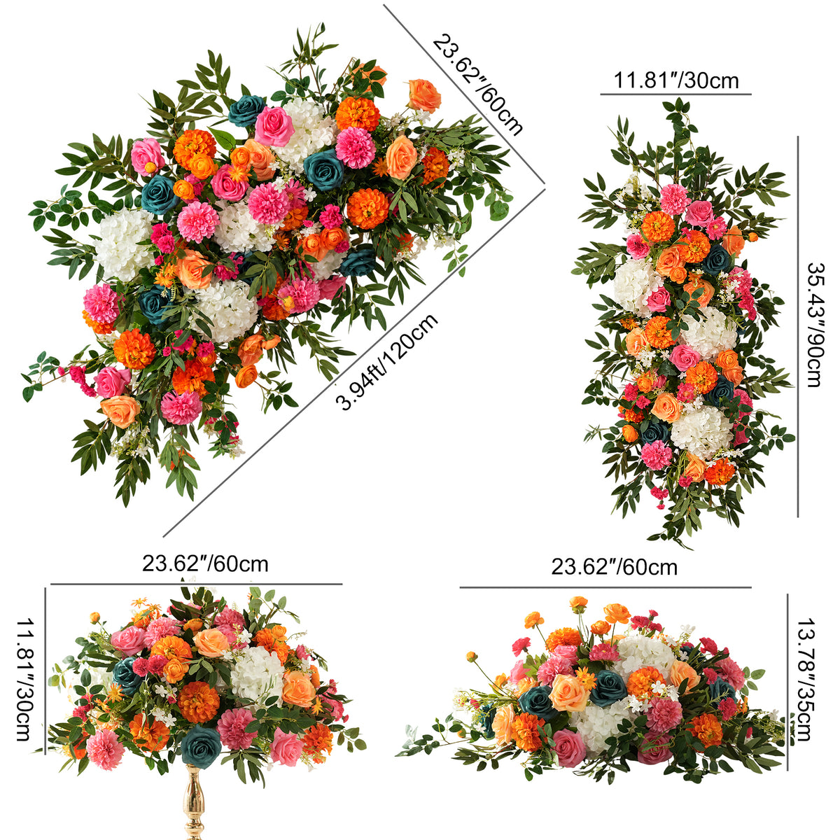 Blush and sage drape arch backdrop with sunset flower swags