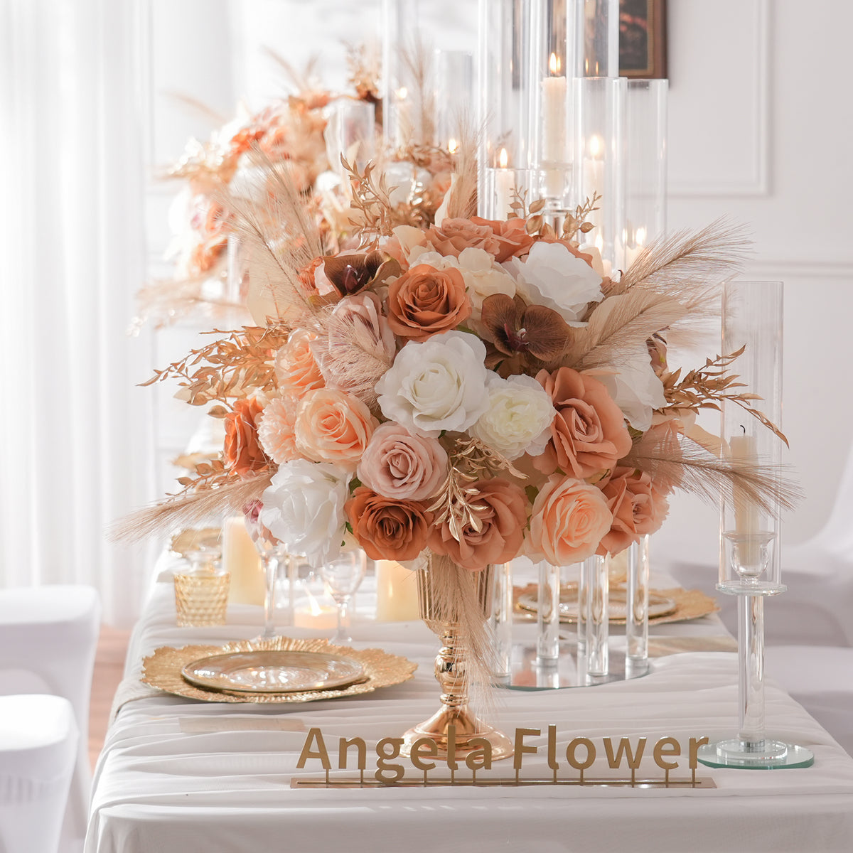 Burnt orange & ivory faux flower table bouquet for bohemian wedding styling
