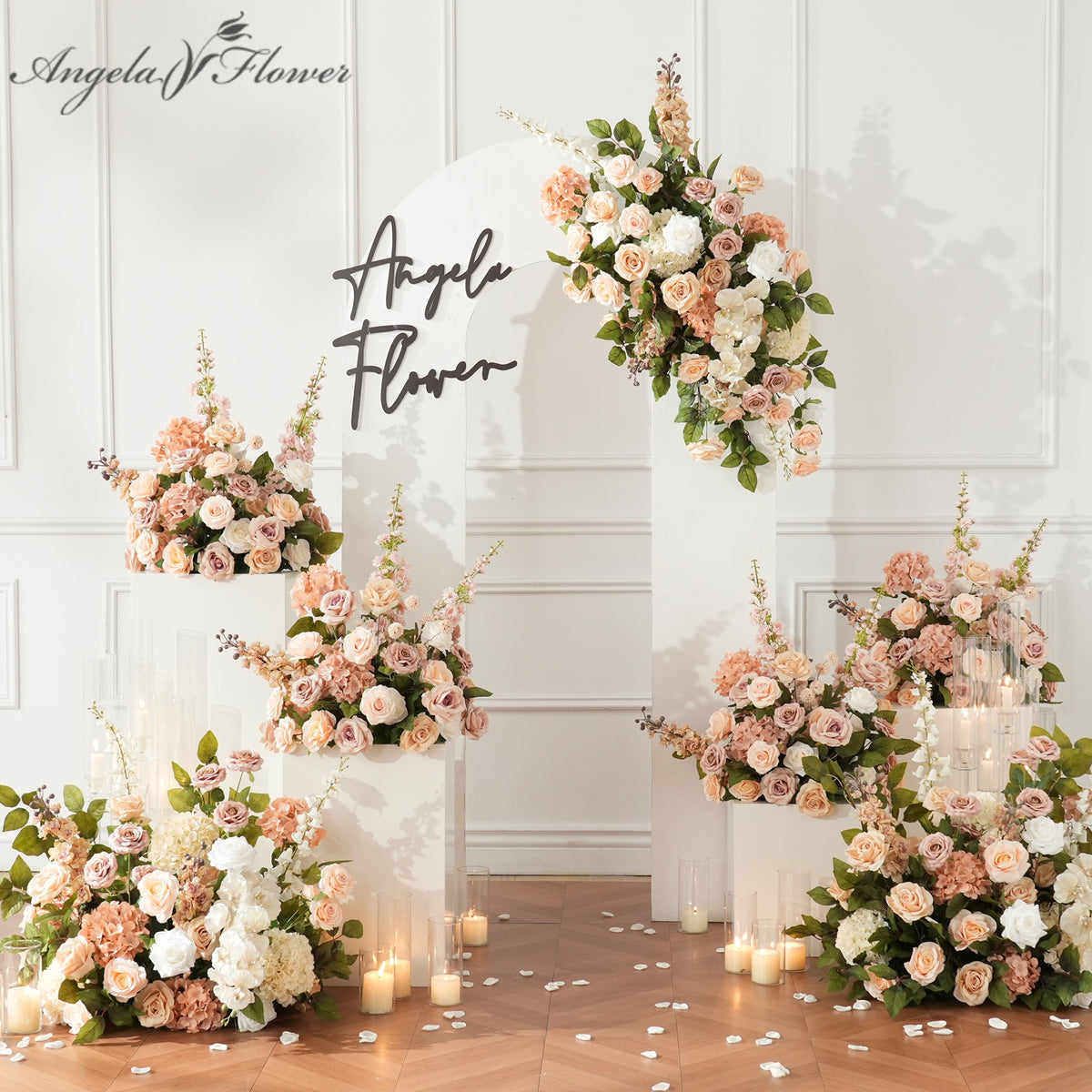 neutral tone artificial arch floral arrangement for wedding backdrop