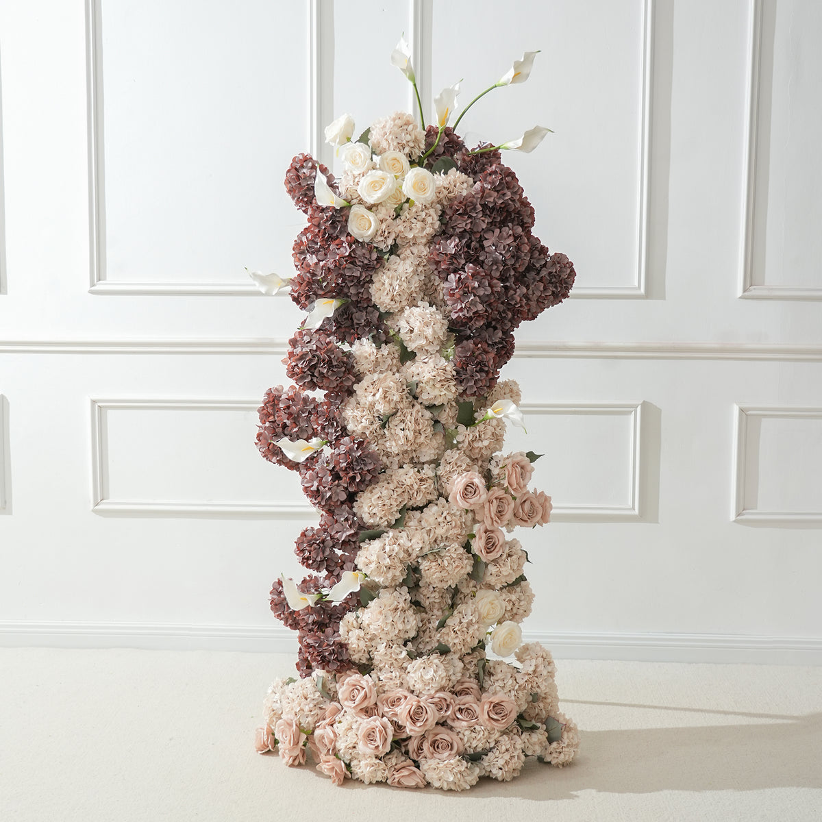 Dusty mauve and chocolate brown artificial flower pillar set with calla lily and hydrangea for wedding backdrop