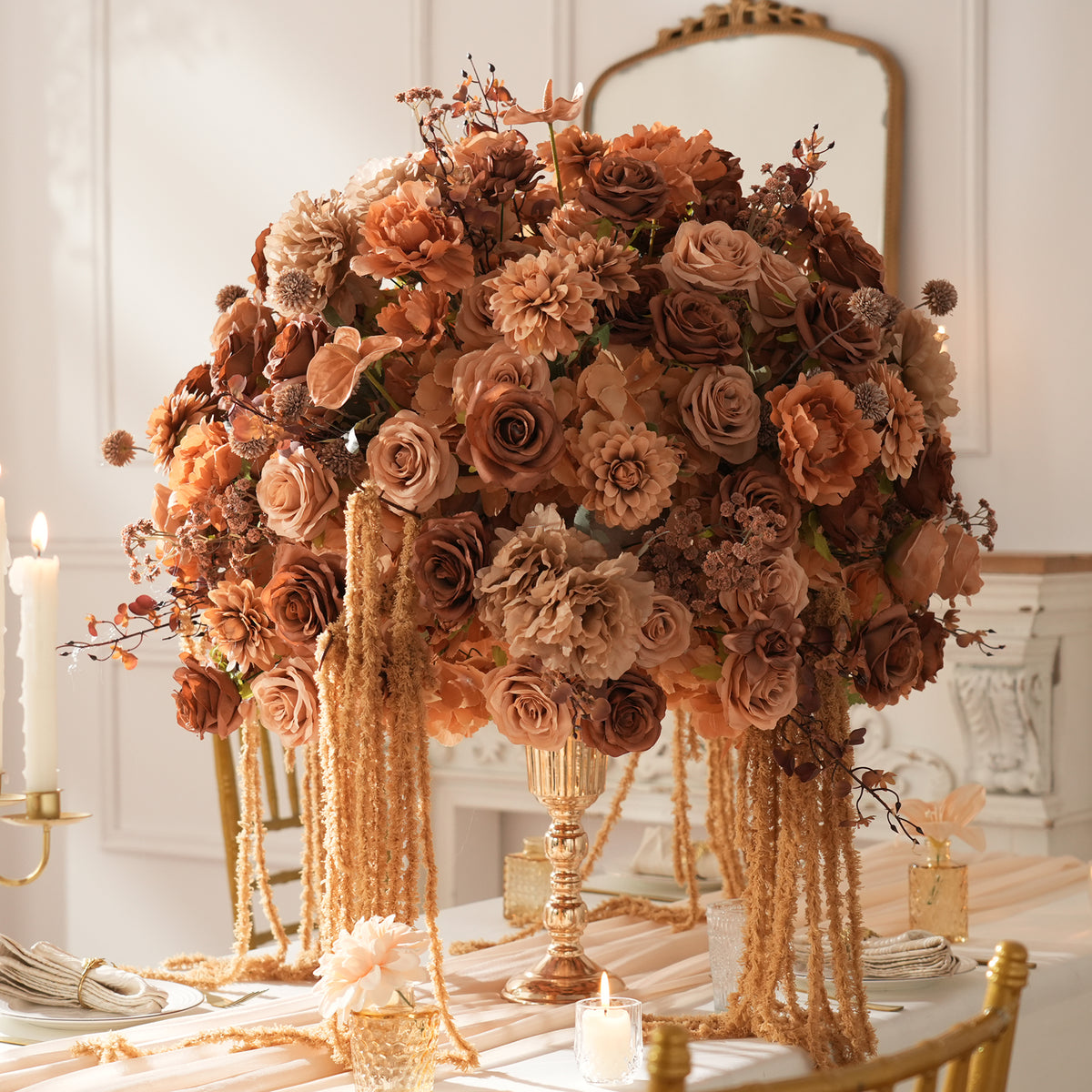 coffee brown faux flower runner for wedding table