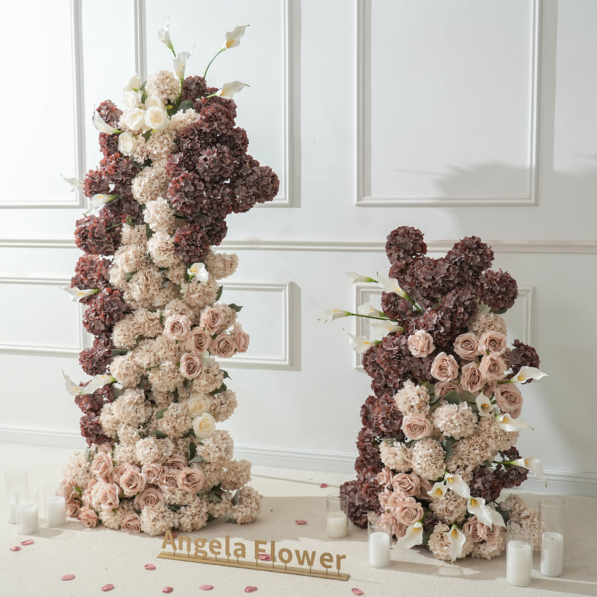Boho fall wedding flower pillars with hydrangea, dusty pink roses and white calla lilies