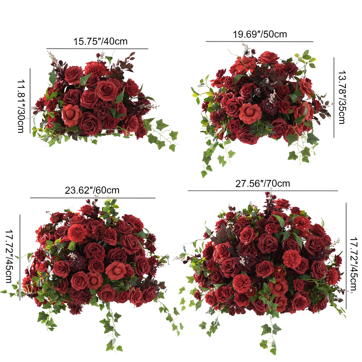 Moody lush burgundy artificial rose floral arrangement, elegant fall wedding reception tall vase table decor