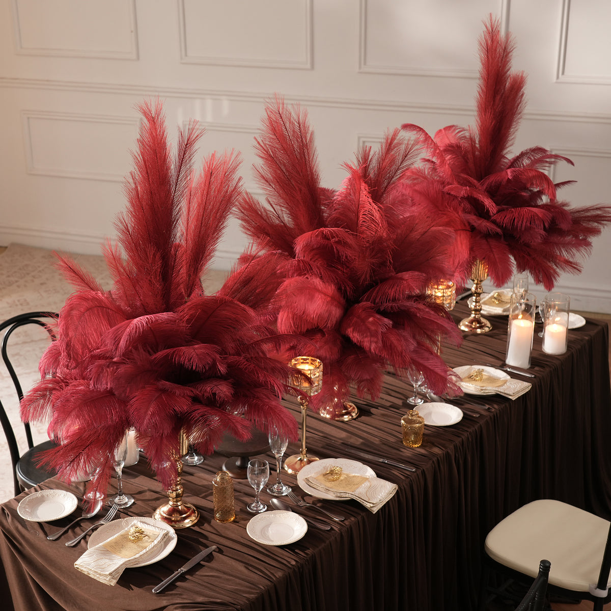Color swatch grid showing all available ostrich feather centerpiece colors