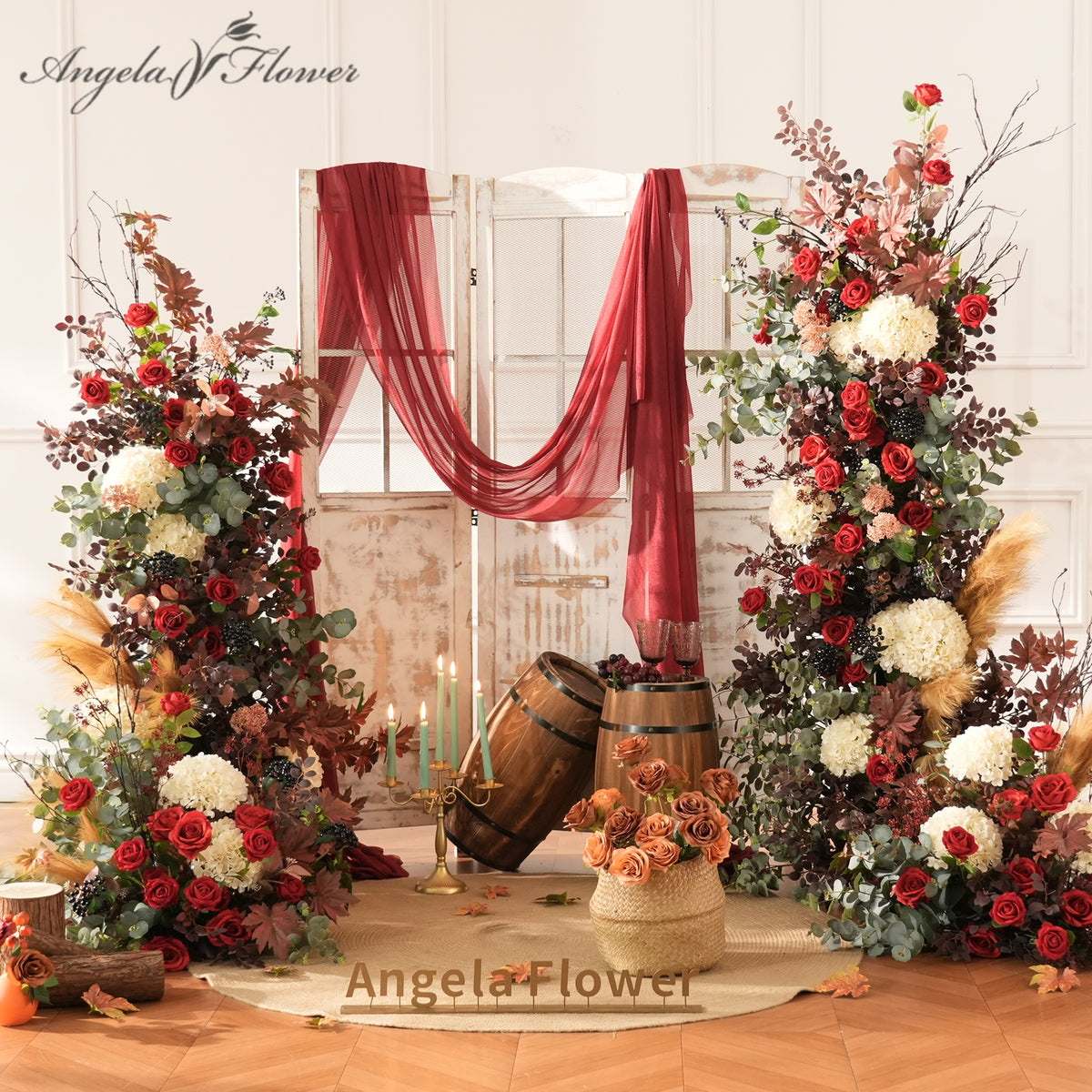 burgundy‑fall‑silk‑floor‑flower‑arrangement‑for‑wedding‑kt‑backdrop‑decor