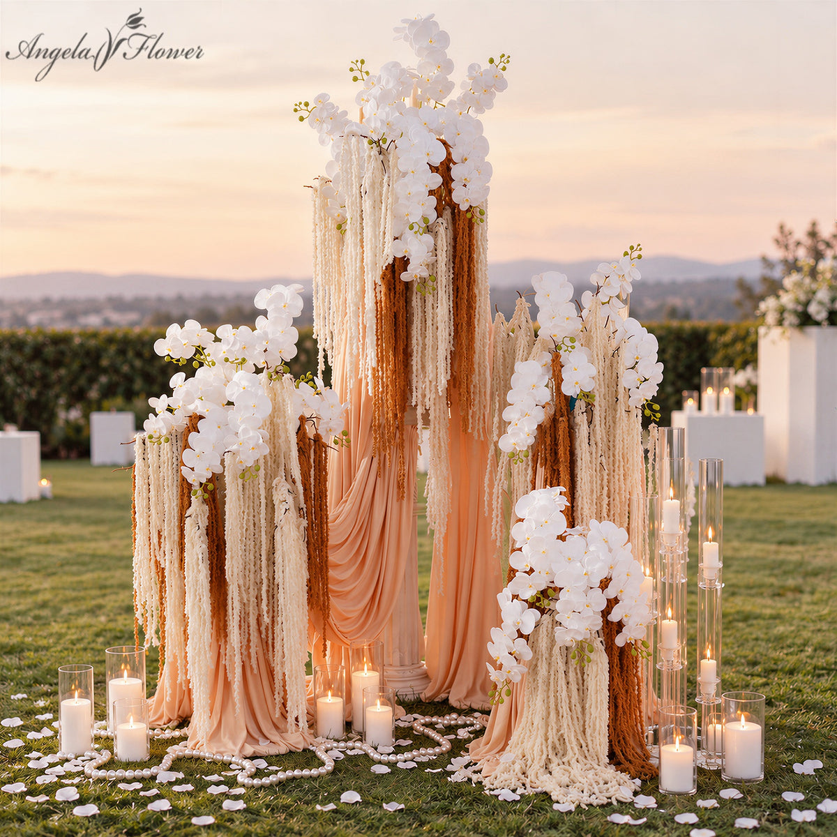 white orchid with cream brown amaranthus wedding centerpiece set