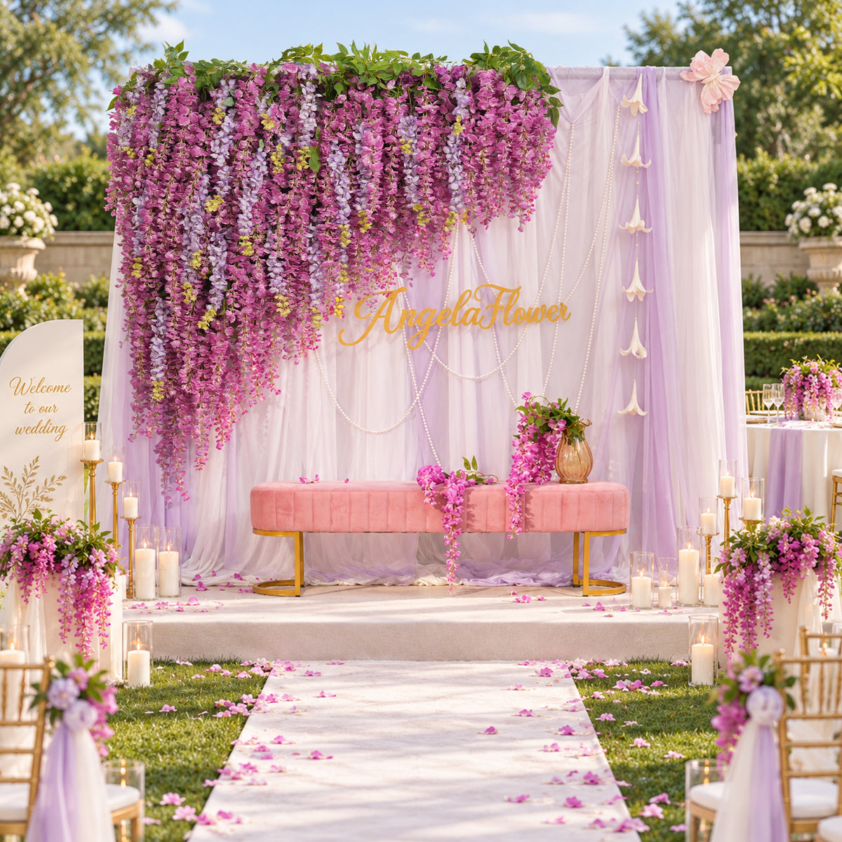 Fabric wisteria panel designed to attach onto kt board for wedding backdrops