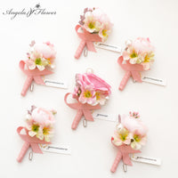 A9003 6pcs/set Artificial Flower Pink Boutonnieres Wedding Groomsmen Accessories