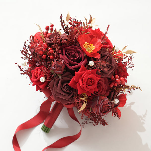A9005 Artificial Red Rose Berry Bridal Bouquet Silk Wedding Flower Arrangement Props