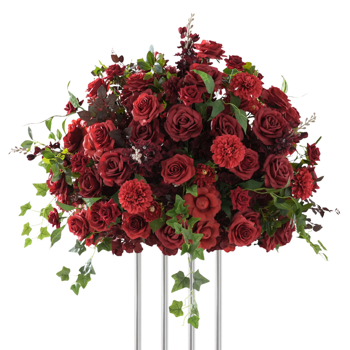 Burgundy wine‑red fake flower centerpiece, wedding high‑stand silk floral arrangement for banquet tables