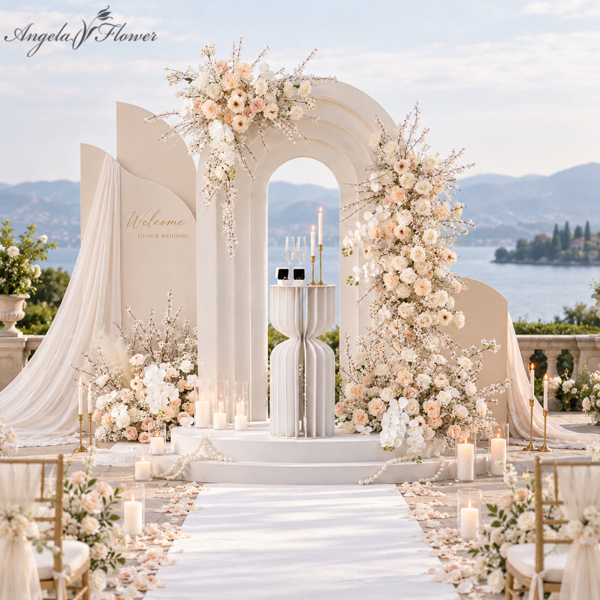 Wedding reception photo backdrop champagne floral decoration