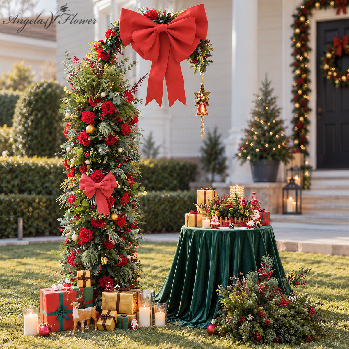 Artificial Christmas hoop arch floral kit with red roses, red bow and frosted pine for front yard backdrop