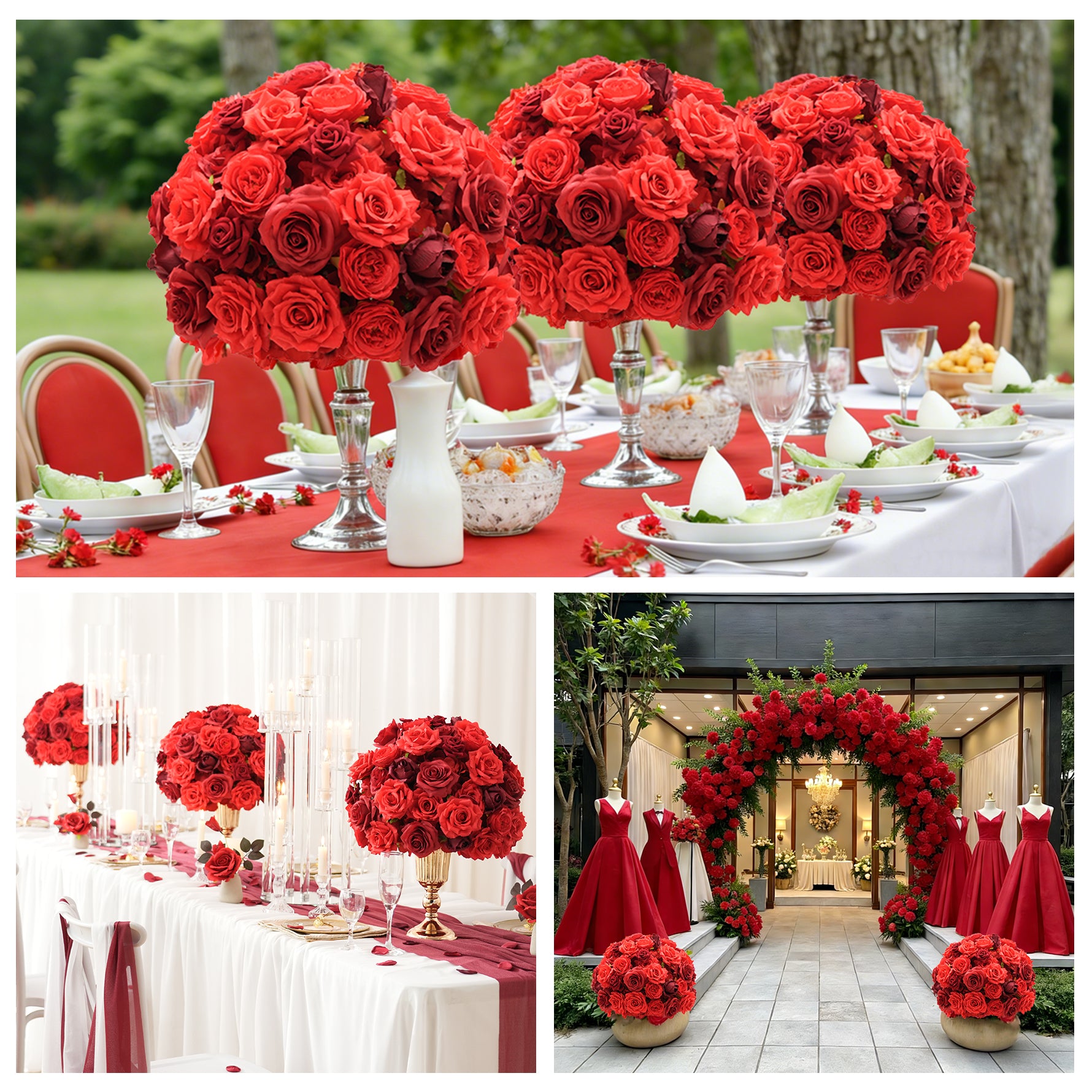 A9083 2pcs 1.31ft Artificial Red Rose Flower Ball Wedding Birthday