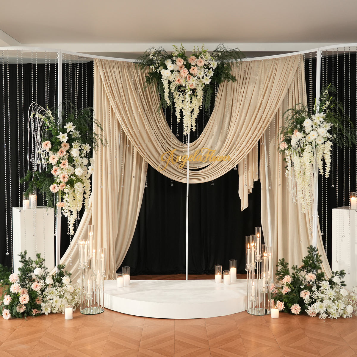 Cascading hanging flower arrangement decorating full length mirror