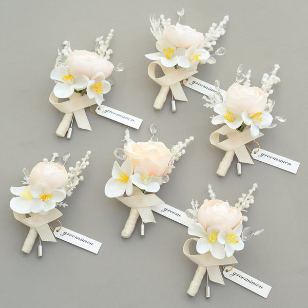 A9009 6pcs/set Champagne Rose Artificial Boutonnieres Groomsman Wedding Decorations