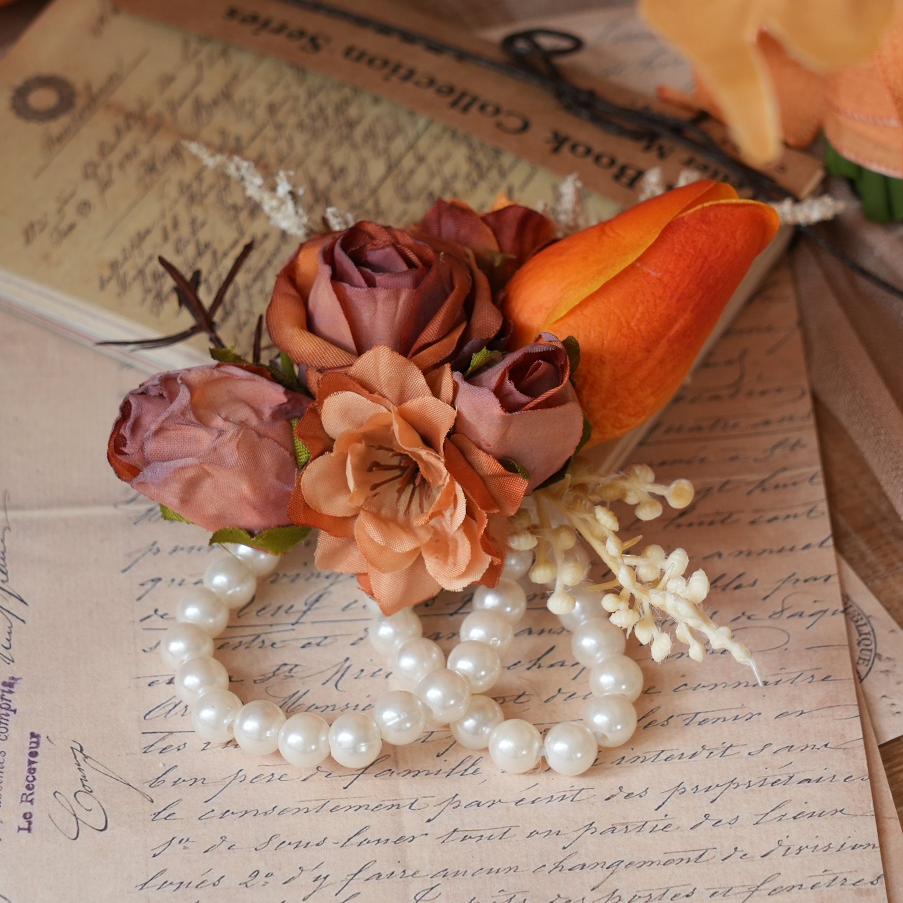 A9057 2pcs/set Artificial Coffee Rose Orange Tulip Wrist Flower
