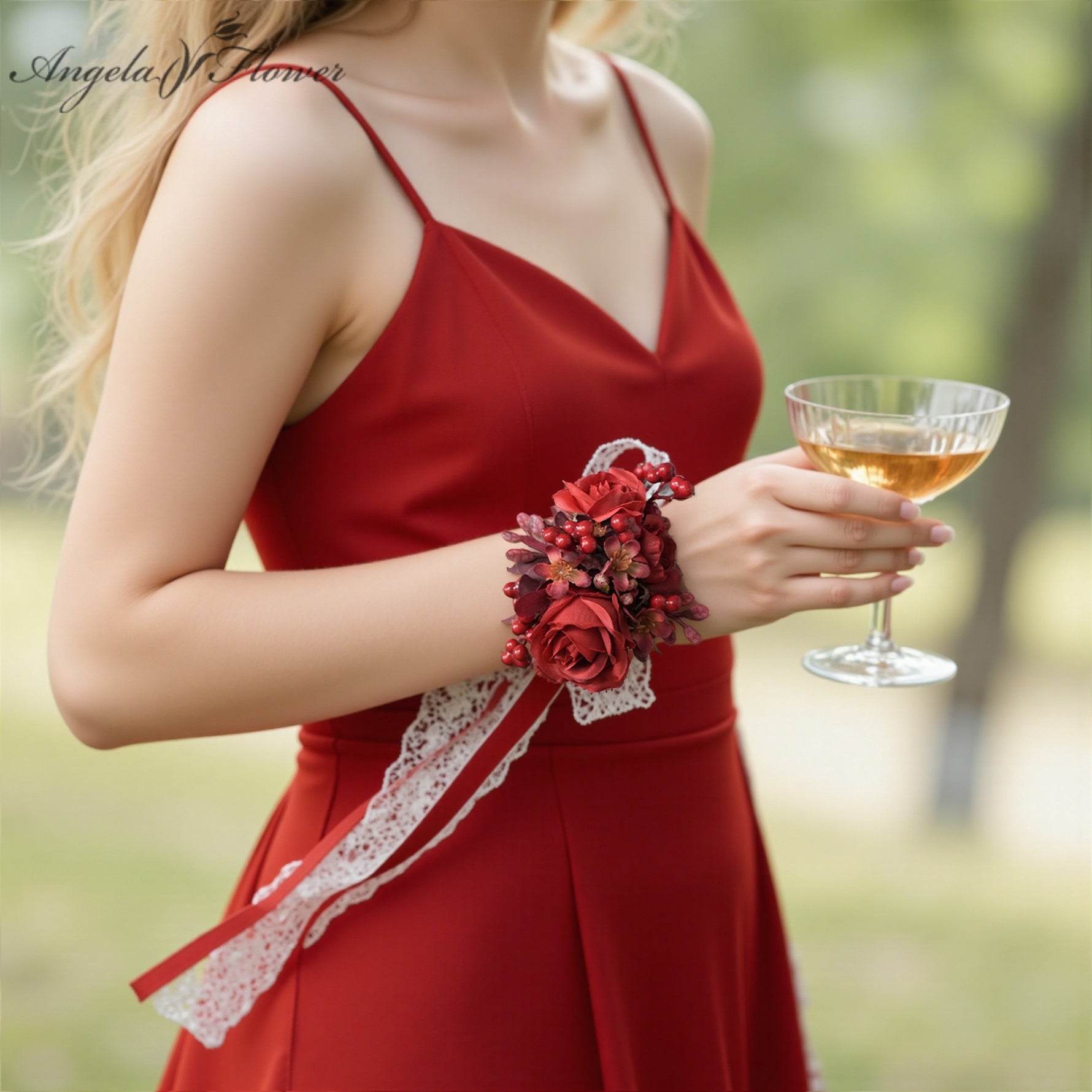 2pcs/set Red Rose Berries Wrist Flower Corsages Wedding Event