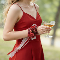 A9005 2pcs/set Red Rose Berries Wrist Flower Corsages Wedding Event Party Decor Props