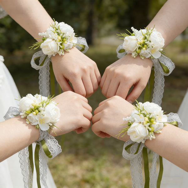 A9001 2pcs/set Artificial White Rose Bridesmaid Corsage Wrist Flower Wedding Accessories