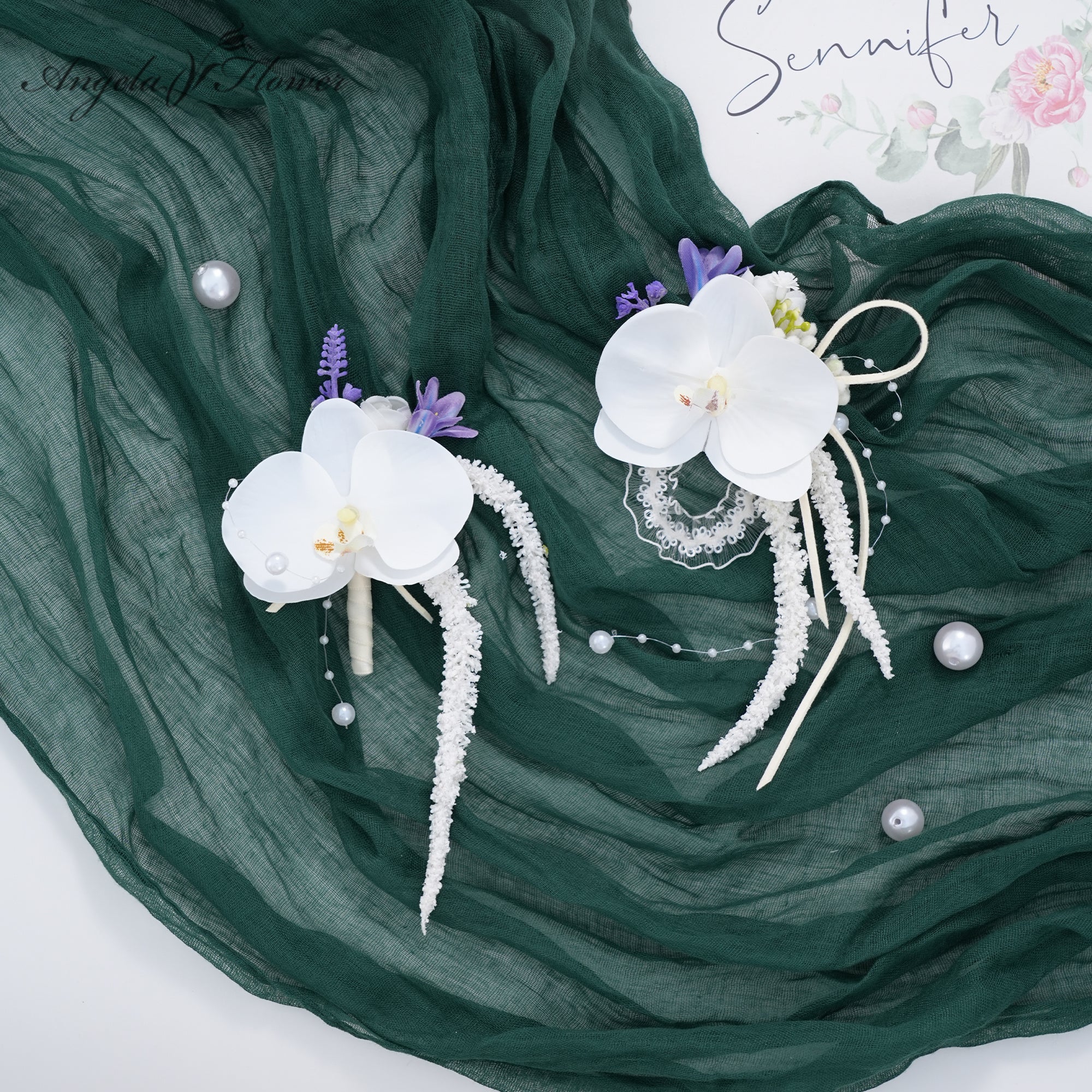 A8979 2pcs/set White Orchid Vine Wrist Corsage Flower Bridal Groom