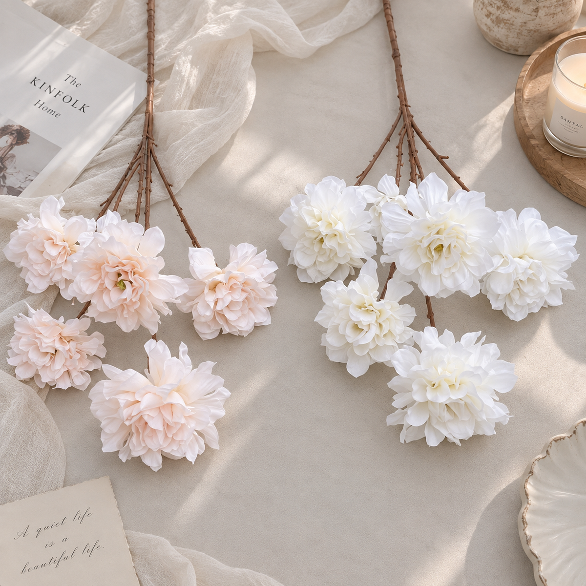 cream faux hibiscus peony silk flower home table arrangement