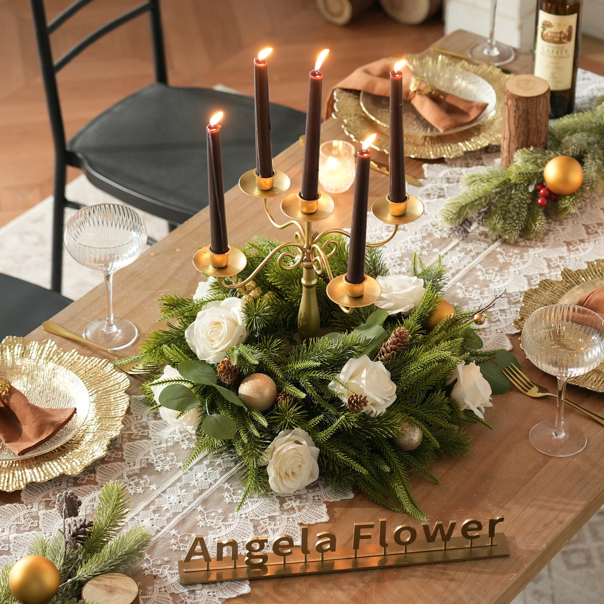 Faux floral table ring centerpiece for holiday dining table