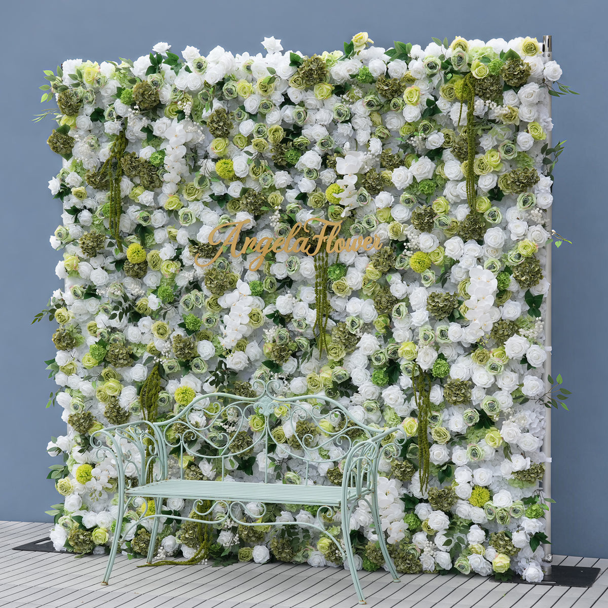 Dense mixed‑bloom fake flower wall, white ivory blooms with green foliage for wedding ceremony photo background