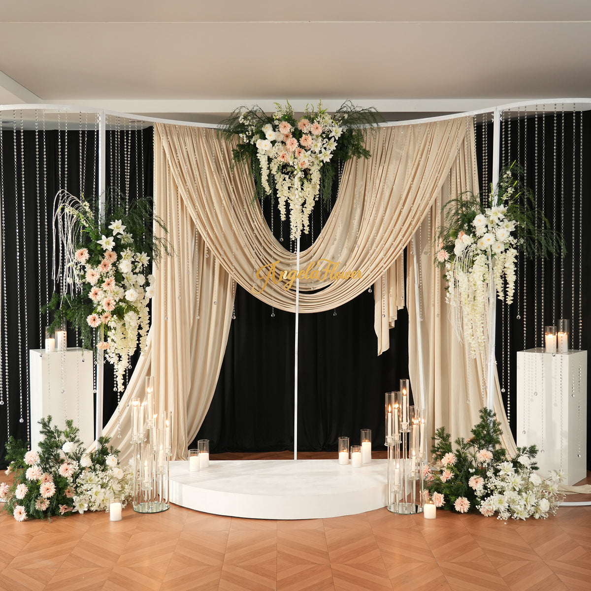 Black heavy fabric backdrop drape for curved metal frame
