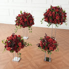 Wedding banquet faux floral display, dark burgundy silk rose dahlia tall table centerpiece decoration