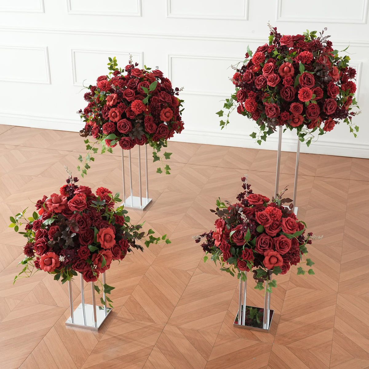 Wedding banquet faux floral display, dark burgundy silk rose dahlia tall table centerpiece decoration