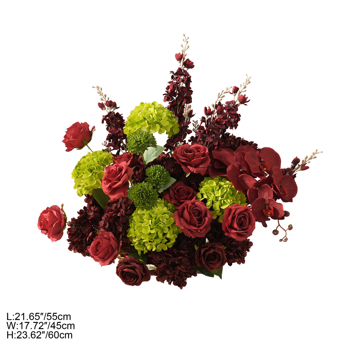 Deep burgundy roses paired with green button mums for ceremony floor styling