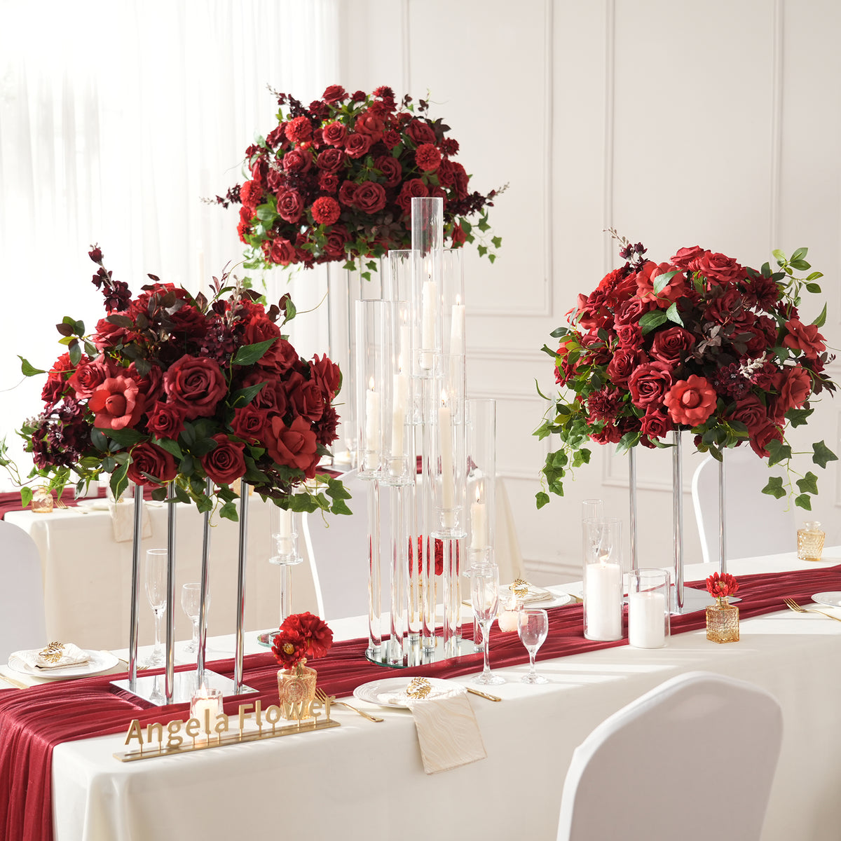 Dark wine red faux flower bouquet for tall vase, elegant moody wedding ceremony table centerpiece decor