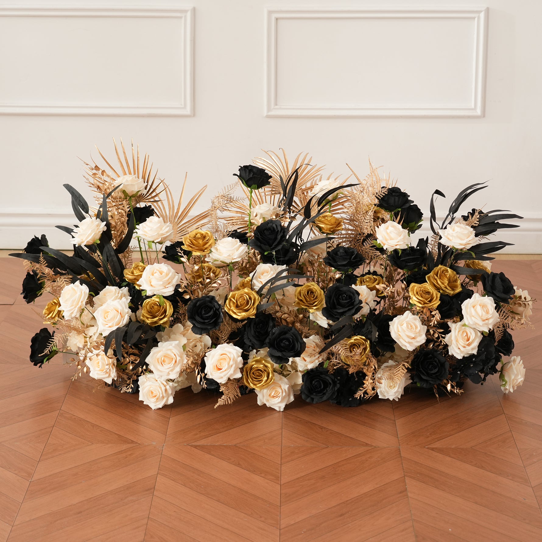 Black gold floral stage backdrop for indoor wedding ceremony