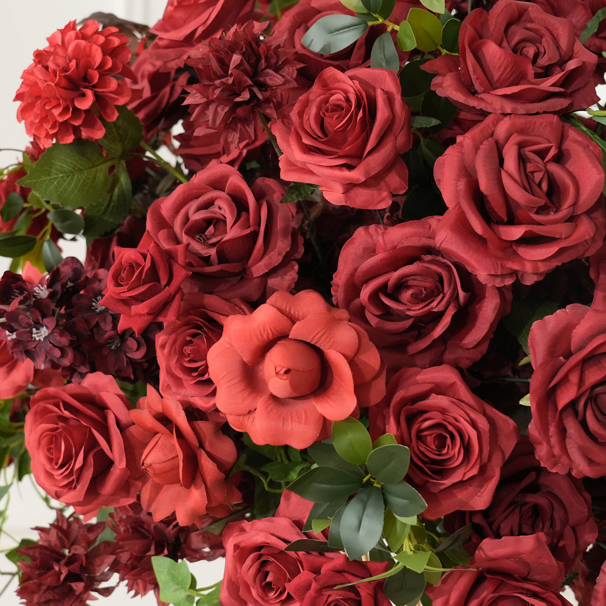 Luxury deep burgundy silk rose artificial flower centerpiece, moody red blooms for fall wedding event table decoration