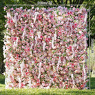Rose wisteria floral wall, soft pink faux blooms ideal for garden wedding photoshoots 